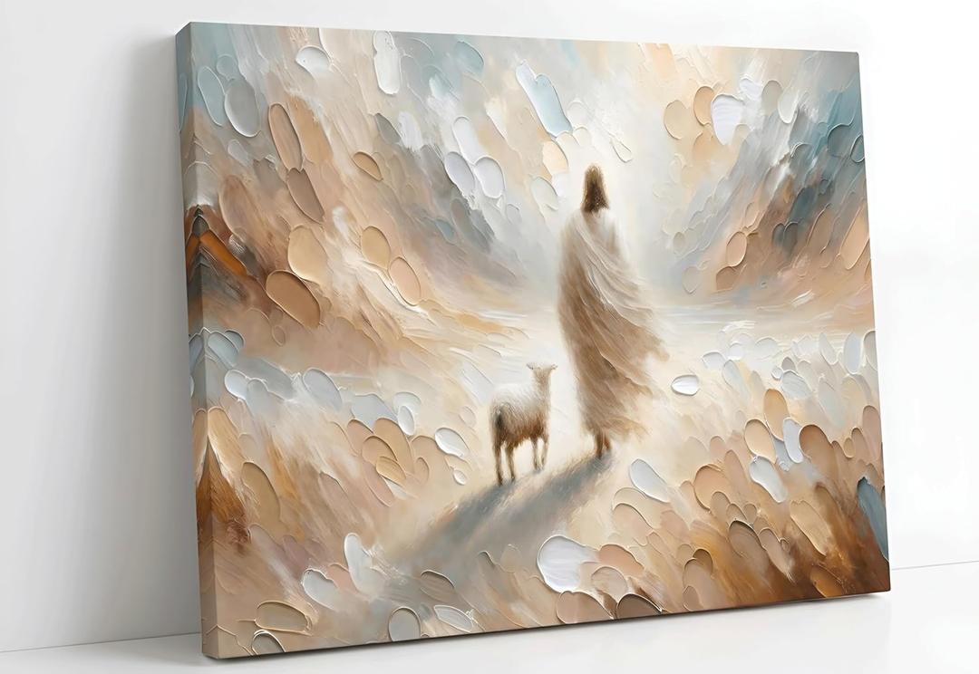 Jesus leaves the 99 sheep Canvas Wall Art Christian Jesus God Savior Wall Decor Picture Lamb Lost Sheep Poster Print Painting for Living Room Bedroom Church Decoration Ready to Hang