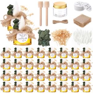 32 Pack Mini Plastic Honey Jars with Wooden Dipper and Cloth Covers Plastic Honey Jars with Gold Lids Thank You Card Jute Rope String Natural Plant for Baby Shower Wedding Birthday Party