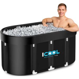 iCool Oval Ice Bath Tub | 130 Gal XL Large Highly Insulated Portable Cold Plunge Tub | Foldable & Inflatable Full-Body Cold Tub for Athletes Recovery at Home, Outdoors, Gym Use | Designed in the US