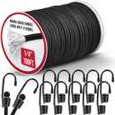 Marine Grade Heavy Duty Bungee Cord Roll with 12 Hooks - Black Elastic Shock Cord Kit for Kayak Deck, Outdoor Camping, Tarp Tie Downs, Bike Rack, DIY Assorted Bungee Ropes (1/4" x 100ft)