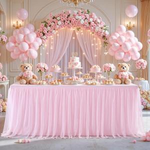 6ft Pink Tulle Tablecloth for Rectangle Tables 6 Foot Pink Table Cloth Rectangle Wrinkle Free Stretch Table Cover with Tutu Skirt for Baby Shower Girls Birthday Party Banquet Buffet Desk Skirt