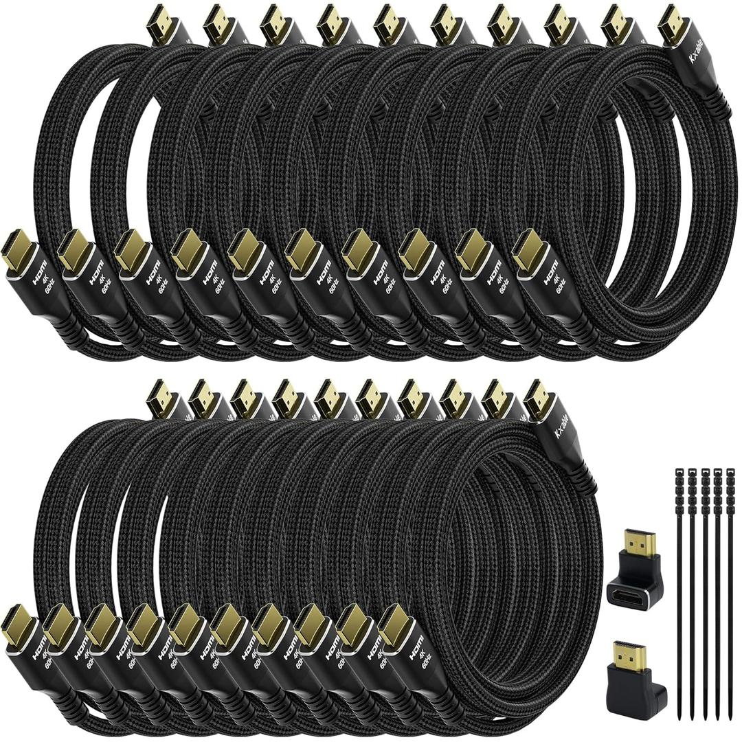 4K HDMI Cable 15 Feet (20 Pack), Ultra HD HDMI 2.0 Cable, Nylon Braided & Gold-Plated Connectors, 4K @ 60Hz, 2K,1080P, HDCP 2.2, ARC, Bulk HDMI Cables for Laptop, Monitors, HDTV, PS5, Xbox One & More