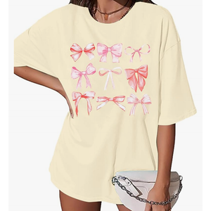Womens Bow Shirt Coquette Aesthetic Shirt Trendy Pink Girly Tee Watercolor Pastel Bow Oversized Tops.Size Small