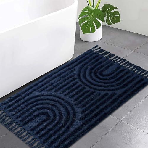 LEEVNA Washable Bathroom Rugs 2'x3', Hand-Woven Kitchen Rug with Tessal, Dark Blue Bedroom Throw Rugs, Boho Tufted Rainbow Rugs, Farmhouse Indoor Door Mat for Entryway/ Porch/ Back Door
