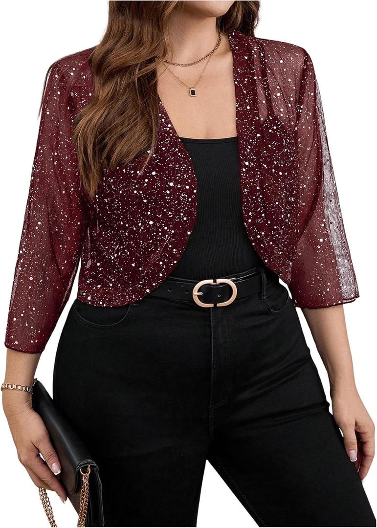 Floerns Women's Plus Size Mesh 3/4 Sleeve Open Front Bolero Party Cropped Cardigan Jacket (Burgundy, 4X-Large Plus)