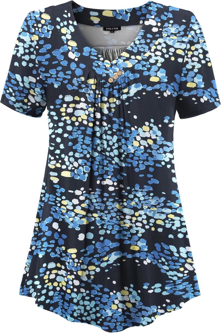 FOLUNSI Womens Plus Size Short Sleeve Henley Shirt V Neck Floral Blouses Tunic Tops M-4XL (XXXL)