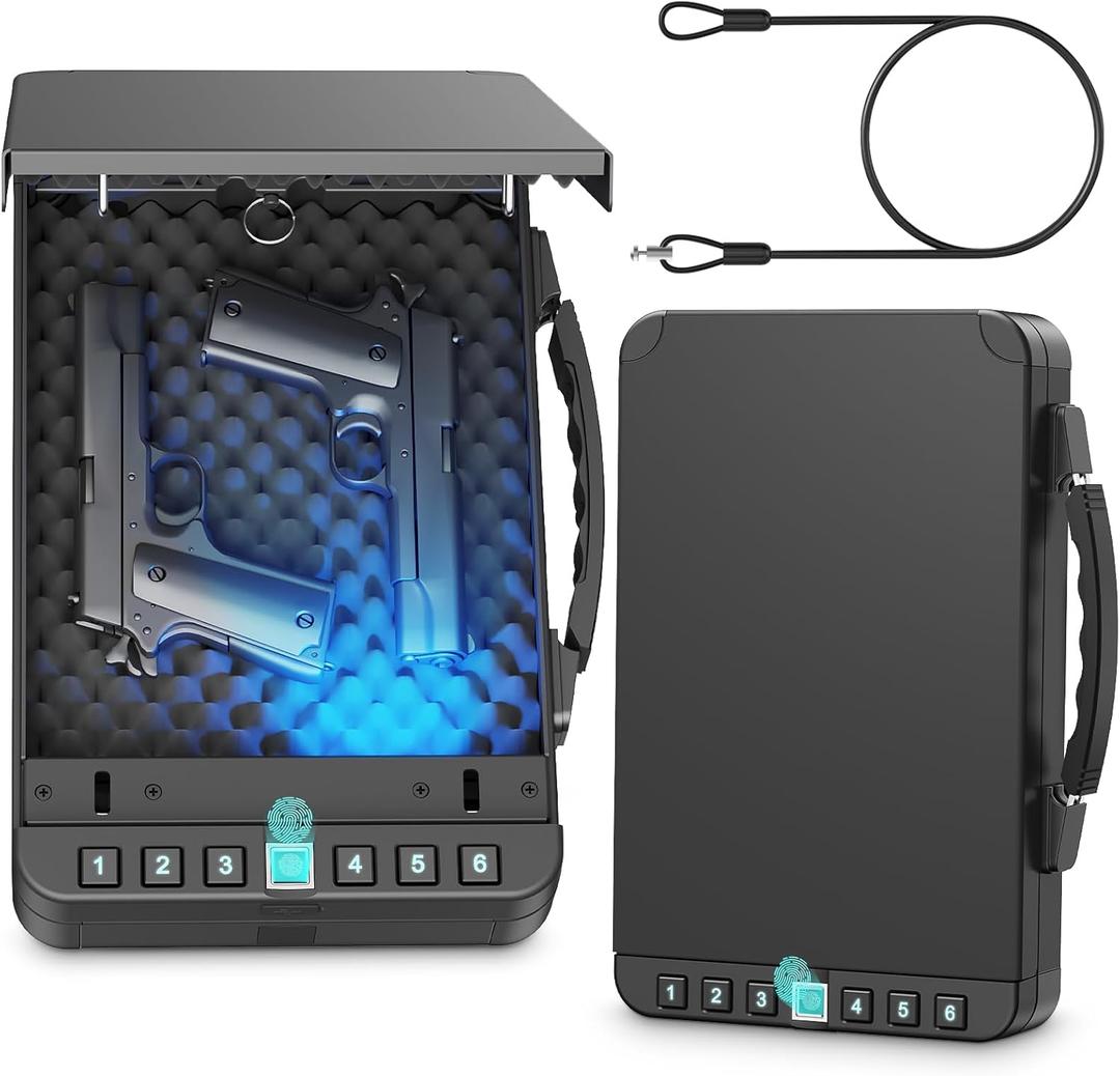 Gun Safe for Handgun, Biometric Gun Safe for 2 Pistols, Quick Access Handgun with Fingerprint PIN or Key Lock, Rechargeable Handgun Safe, for Home Car Travel, Nightstand, Bedside or Drawer (Black)