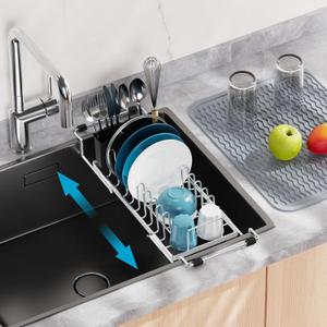 GSlife Small Sink Dish Drying Rack - Stainless Steel in Sink Dish Rack for RV Camper, Expandable Kitchen Counter Drainer with Utensil Holder, 13.2''-19.1" L x 6.5" W x 4.3" H, Silver