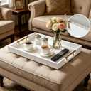 18×20 Inches White Faux Leather Coffee Serving Tray Decorative Ottoman Trays with Gold Metal Handles Decor for Living Room Rectangle Large Bed Breakfast Organizer for All Occasions Multipurpose Using