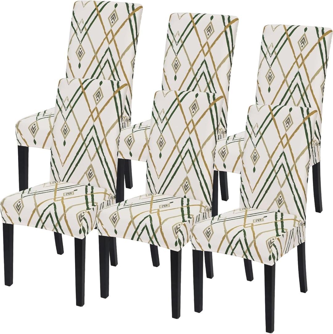 SearchI Dining Room Chair Covers Set of 6, Stretch Printed Kitchen Chair Slipcovers Removable Washable Parsons Chair Covers Protector for Dining Room, Hotel, Ceremony (Beige-Green Stripe)