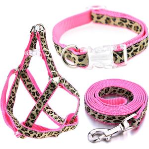 Mile High Life Leopard Dog Harness Collar Leash Set, Adjustable No Pull Dog Halter Harness for Small Breed Dogs, Easy Control for Training Walking (Pink, M Chest 15"-21", Neck 13"-17")
