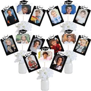 Graduation Photo Display Centerpiece Kit - 15 Double-Sided Photo Table Topper Sticks, Vertical and Horizontal 4x6 Picture Holders, DIY Party Decoration Set - Black and White Grad