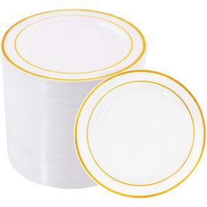BUCLA 100Pieces Gold Plastic Plates - 6.25 Inch White with Gold Rim Disposable Salad/Dessert/Appetizer/Small Cake Plates Premium Hard - Ideal for Wedding, Party