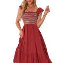 Allegra K Boho Midi Dress for Women's Square Neck Ruffle Tiered Flowy Smocked Sundress Small Burgundy Size S