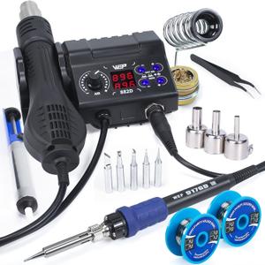 WEP 882D Soldering Iron Station 2-IN-1 SMD Hot Air Rework Station with 2 Spools of Solder Wire, 5 Soldering Tips, 3 Hot Air Nozzles, Brass Wool Tip Cleaner, Tweezers, Desoldering Pump