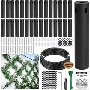 Wire Trellis for Climbing Plants Outdoor, 30-Set Black ABS Plastic Wall Wire Trellis Kit with 1/8" x 98ft Vinyl Coated Cable, Stainless Steel Cable Espalier System for Garden Fence
