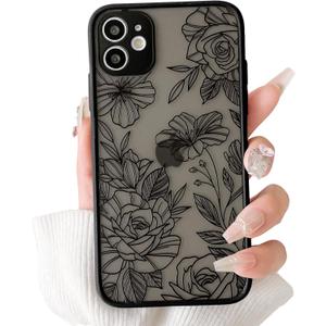 NITITOP Compatible with iPhone 11 Case Cute Aesthetic Floral Flower Vintage Rose Pattern Matte Clear Women Girl Full Camera Lens Slim Hard PC Shockproof Pritective Cover - Black