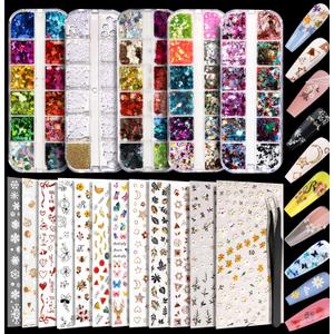 Teenitor 12 Sheets Nail Art Sticker Self-Adhesive, Flower Nail Stickers 5D Embossed Nail Decals, 5 Boxes Nail Glitter Sequins Flakes, Nail Art Design Tools Self Adhesive