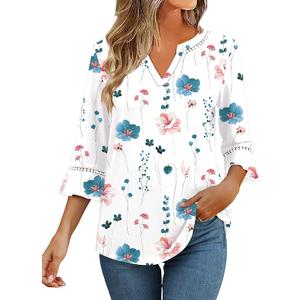 3/4 Length Sleeve Womens Tops Summer Ruffle Sleeve Blouses V-Neck Lace T-Shirts Dressy Casual S
