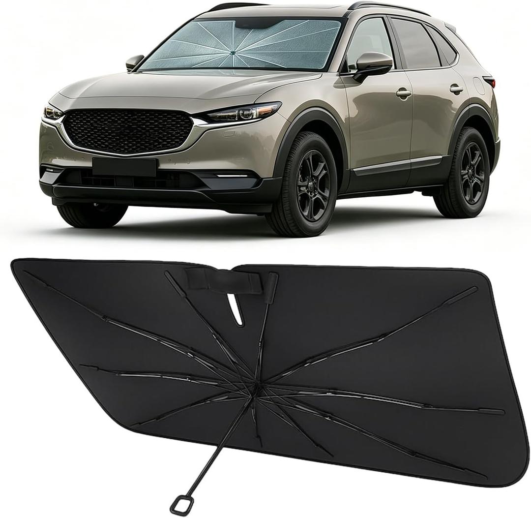 Proadsy Windshield Sun Shade Umbrella for Mazda CX-30 2020-2025 2026 Foldable Car Umbrella Sunshade with Soft TPU Handle Spring Structure Crystal Cooling Material Protect Car from Rays & Heat