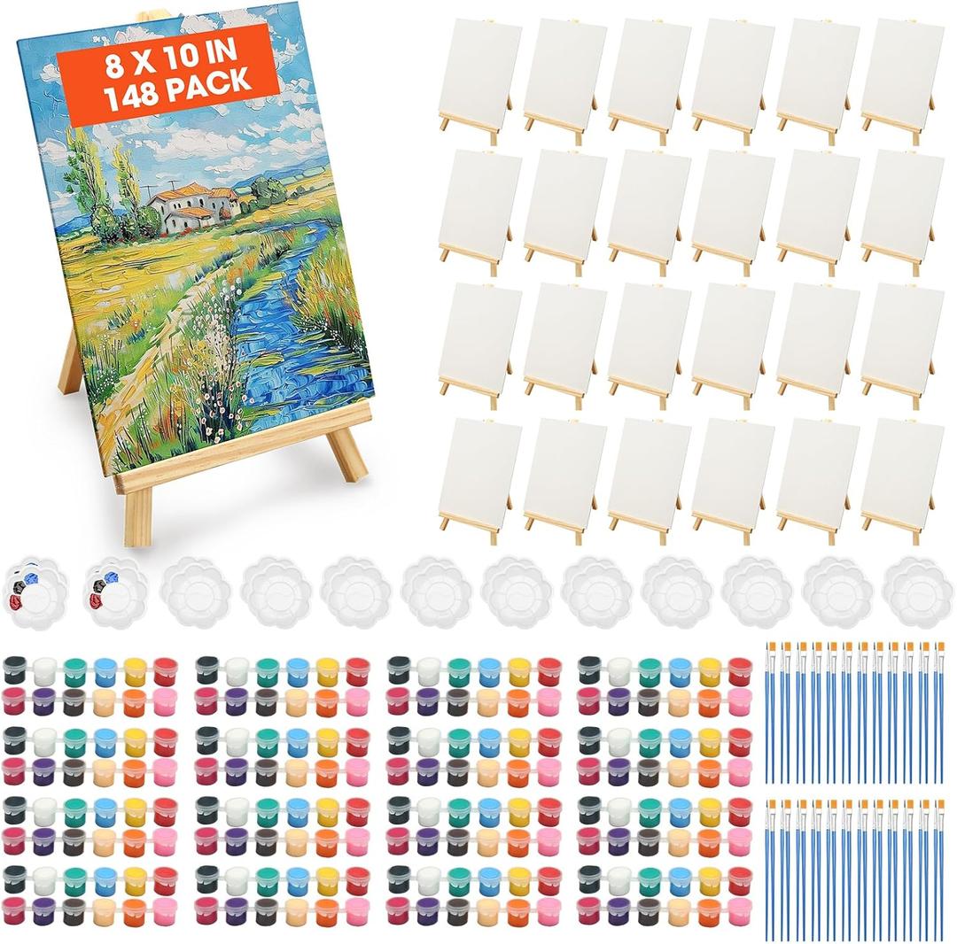 148 Pack Canvas and Easel Set for Party 8 x 10 In Canvas Boards for Painting with 12.2" Easels Brushes Paint Trays & Acrylic Paints Canvas Painting Kit for Kids Adults Teenagers Classroom Party Favors