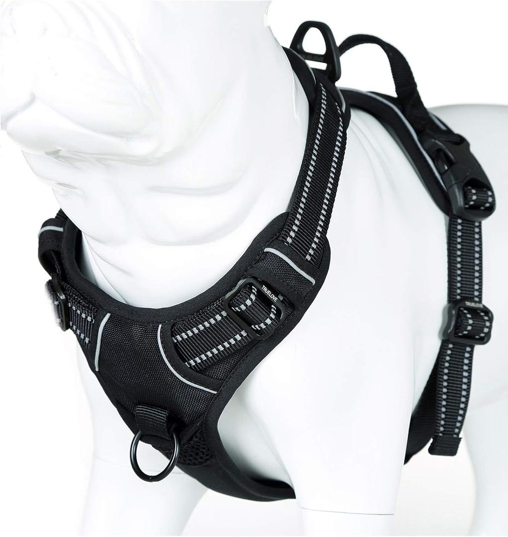 Soft Front Dog Harness .Best Reflective No Pull Harness with Handle and 2 Leash Attachments (Large (Pack of 1), Black)