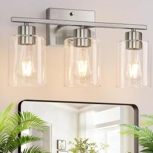 3-Light Bathroom Light Fixtures, Brushed Nickel Vanity Lights, Bathroom Lighting with Clear Glass Shade, Vanity Lighting fixtures for Mirror Kitchen Bedroom Hallway Living Room