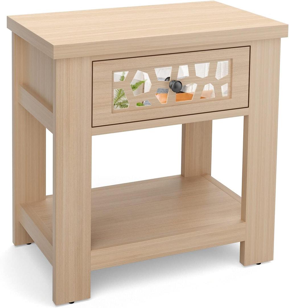 Natural Nightstand Bedside Table End Table Sofa Side Table Multifunctional Design Smooth Slide Out Drawer and Open Shelf Wide Tabletop Drawer Panels with Unique Mirror Design Anti Slip Foot Pads Natural Nightstand Bedside Table End Table Sofa Side Table Multifunctional Design Smooth Slide Out Drawer and Open Shelf Wide Tabletop Drawer Panels with Unique Mirror Design Anti Slip Foot Pads
