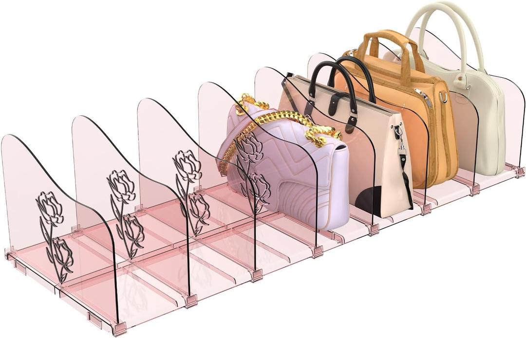 SURETIVIAN Rose Purse Dividers for Closet, 2 Pack Clear Clutch Purse Closet Organizers, Adjustable Handbag Storage Organizers, Plastic Bookshelf Separator Dividers for Bedroom Office, Clear PInk