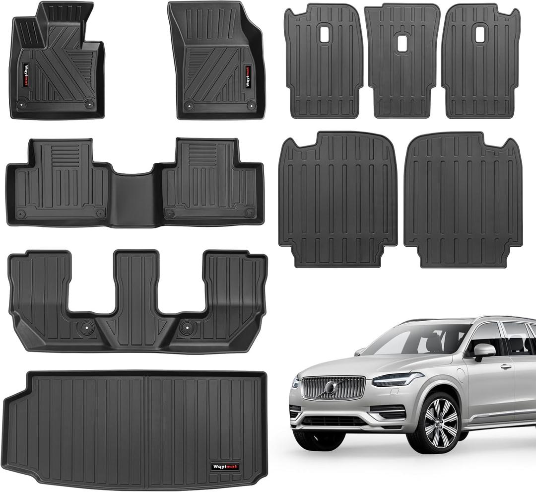 for 2016-2025 2026 Volvo XC90 Floor Mats 3 Rows Trunk Cargo Liner and 2nd 3rd Rear Seat Backrest Mat Full Set TPE All Weather Accessories (Only Fit Gas 7 Seat Full Set 10 MatsNot for Hybrid/PHEV)
