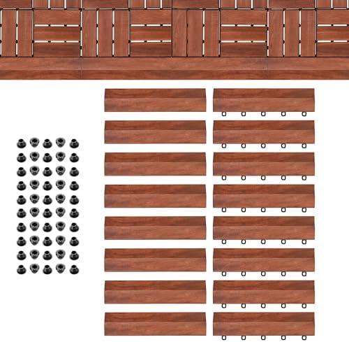 PrimeZone 16 PCS Solid Acacia Wood Border Trim for Interlocking Deck Tiles - 12" L Waterproof Side Pin End of Outdoor Flooring, Loop End Piece for Decking Floor, Brown