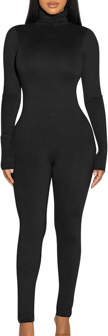 BORIFLORS Long Sleeve Jumpsuit for Women Sexy Turtleneck One Piece Bodycon Rompers Clubwear (Small, Black)