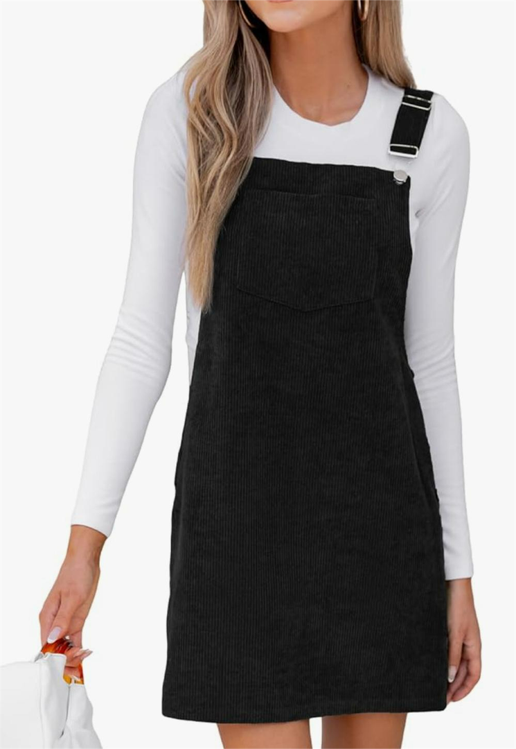 Women's Corduroy Overall Mini Fall Dress Square Neck Adjustable Straps Front Pocket Side Buttons Autumn Dresses,L