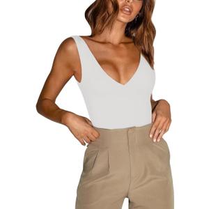 REORIA Butsmooth Womens Trendy Sexy Plunge Deep V Neck Sleeveless V Backless Going Out Tank Bodysuits Tops (Medium, White)