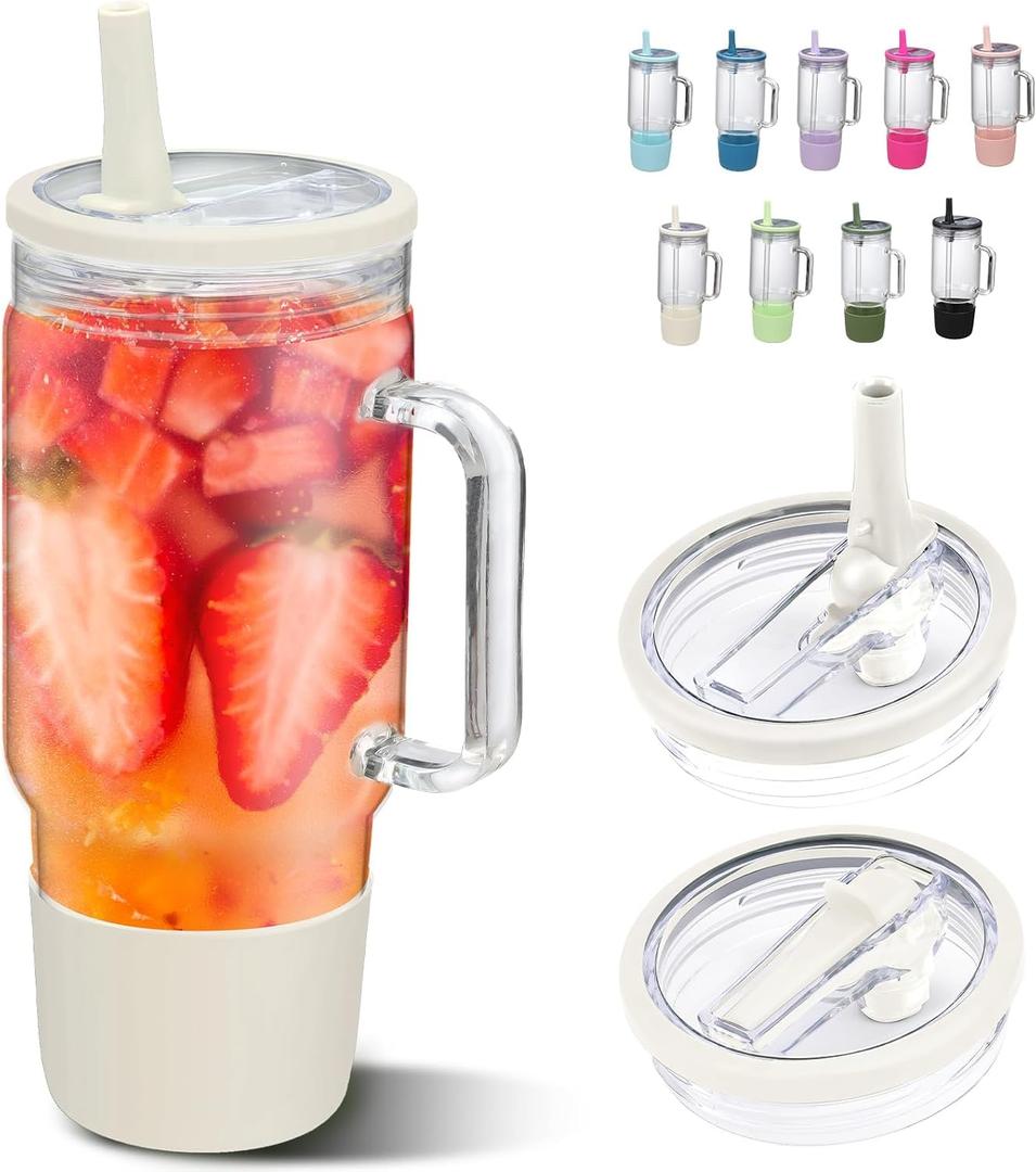 SIEROZUR 40 oz Glass Tumbler with Handle and Straw Lid Reusable Glass Tumbler with Silicone Sleeve BPA Free Iced Coffee Cup with Handle, Fits In Cup Holder, Dishwasher Safe (Beige)