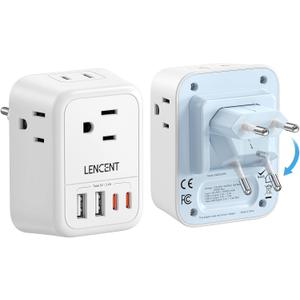 LENCENT European Travel Plug Adapter, Foldable US to Europe Plug Adapter with 4 Outlets, 4 USB (2 USB C) Charger Adapter, Type C Power Adaptor for USA to Italy Spain France Portugal Iceland Germany