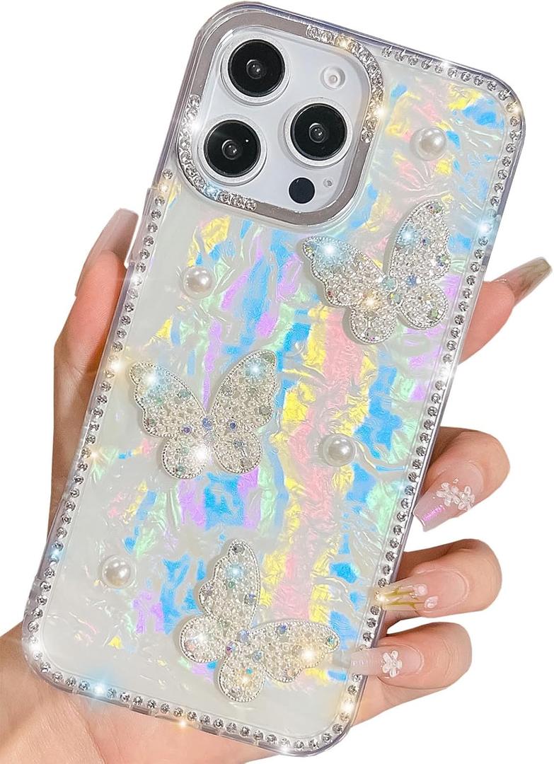 Trendy Elegent Girly Compatible with iPhone 16 Pro Max Case,Shining Cute Pearl Texture Soft Glitter Diamond Shockproof TPU Bumper(Butterfly,16 Pro Max)