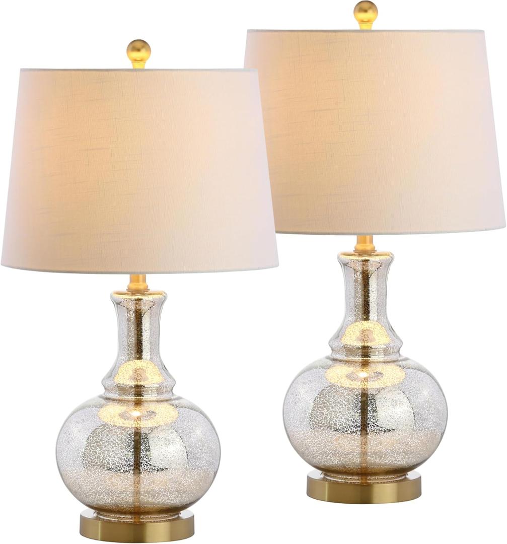 JONATHAN Y 25" Mercury Silver and Brass Gold Glass Table Lamp Set of 2 for Bedroom, Modern Bedside Lamp for Living Room Nightstand, White Linen Drum Shade, LED Bulb Included JYL1068A-SET2