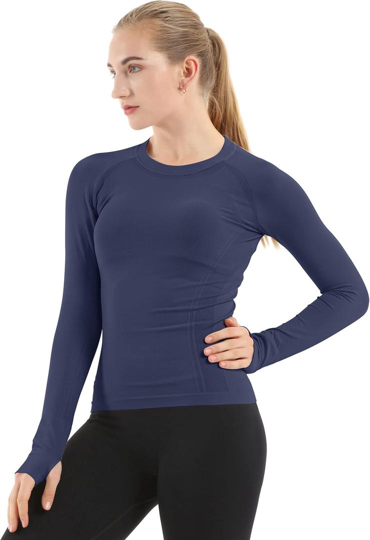 MathCat Seamless Workout Shirts for Women Long Sleeve Yoga Tops Sports Running Shirt Breathable Athletic Top Slim Fit (Large, Navy)