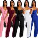 kaimimei Womens Casual Jumpsuits V-Neck Sleeveless Ruffle Backless Belted Wide Leg Pant Sexy Romper Party Clubwear (L)