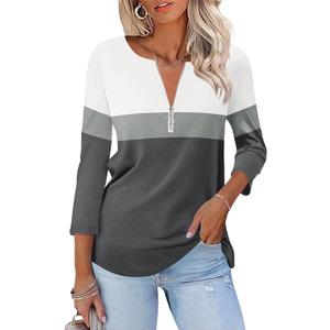 TICTICMISS Womens 3/4 Sleeve Tops Zipper Color Block Tunic Tops Casual Summer Shirts Trendy Tops, L