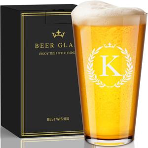 Personalized Beer Glasses Gifts for Men, 16 oz Pint Glasses Monogrammed A-Z Drinking Glass Cups Customized Gift, Unique Christmas Anniversary Birthday Gifts for Men Him Dad Brother Husband Grandpa (K)