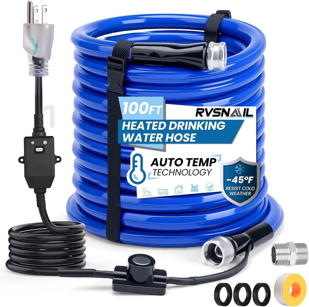 100FT Heated Water Hose for RV, Heated Drinking Water Hose Freeze Protection Down to -45F, Lead and BPA Free, Smart Temperature Control, Ideal for RV, Camping, and Home
