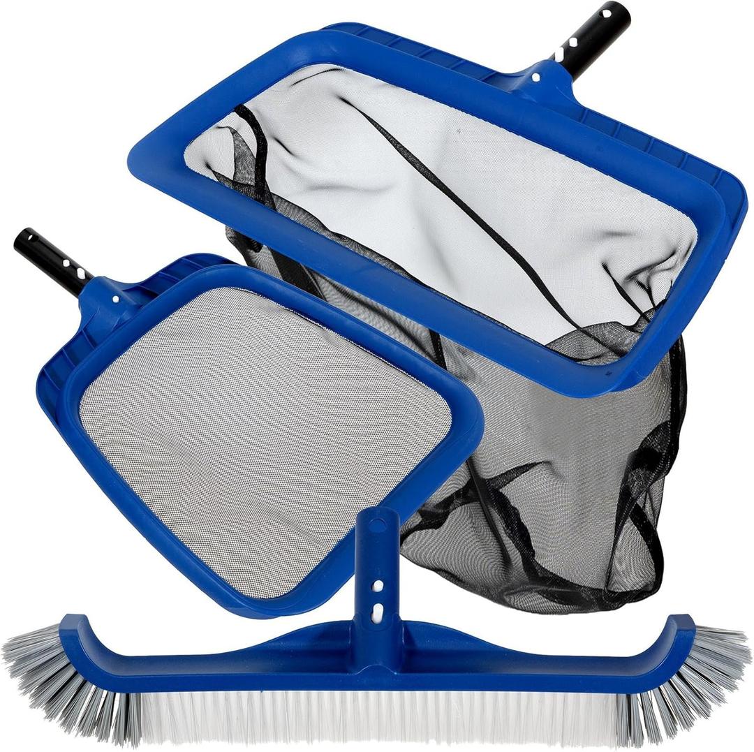 POOLAZ Pool Cleaning Kit, 3 in 1 Pool Net Skimmer & Pool Brush Head for Inground Pools & Above Ground Pools, Durable Pool Skimmer Nets & Pool Brush Compatible with Standard Pool Pole