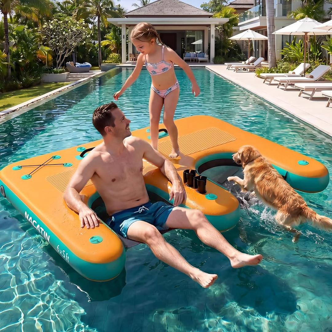 Inflatable Floating Dock, 10x7.2FT/6x5FT Portable Inflatable Platform, fit 2-8 People, with Mesh Swim Area, Air Pump, Repair Kit Carry Bag, for Swimming, Lake, Pool, Beach