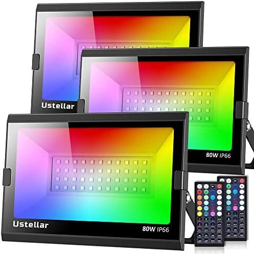 USTELLAR 3 Pack 80W RGB LED Flood Lights 800W Equiv. Outdoor Color Changing Floodlight Exterior IP66 Waterproof Uplighting Landscape Wall Washer Party Garden Yard Halloween Christmas Stage Spotlight