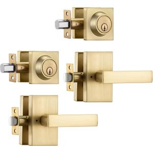 2 Pack Satin Brass Exterior Door Lock Set, Front Door Handle with Deadbolt, Heavy Duty Entry Door Handle set