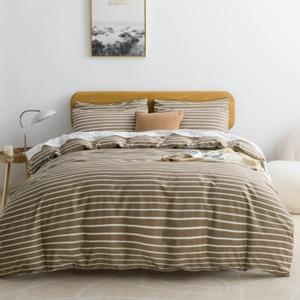 JELLYMONI King Duvet Cover Set, Cotton Duvet Cover 3 Pieces with Zipper Closure, 1 Duvet Cover and 2 Pillowcases, (Khaki with White Striped)
