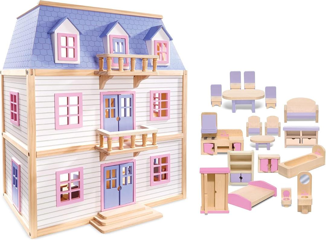 Melissa & Doug Wooden Multi-Level Dollhouse Wooden Multi-Story Pretend Play Dollhouse for Kids, One Size