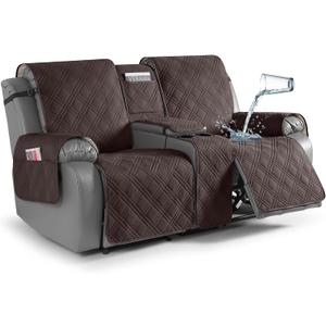 TAOCOCO Loveseat Recliner Cover with Center Console, 100% Waterproof Pet Cover for Dual Recliner with Straps Design, Split Reclining Loveseat Covers Furniture Pet & Kids Protector (2 Seater, Chocolate)